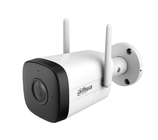 Witte Dahua IPC-HFW1430DT-STW Wi-Fi bullet camera met twee antennes, zwarte lensbehuizing en muurbevestigingsvoet.