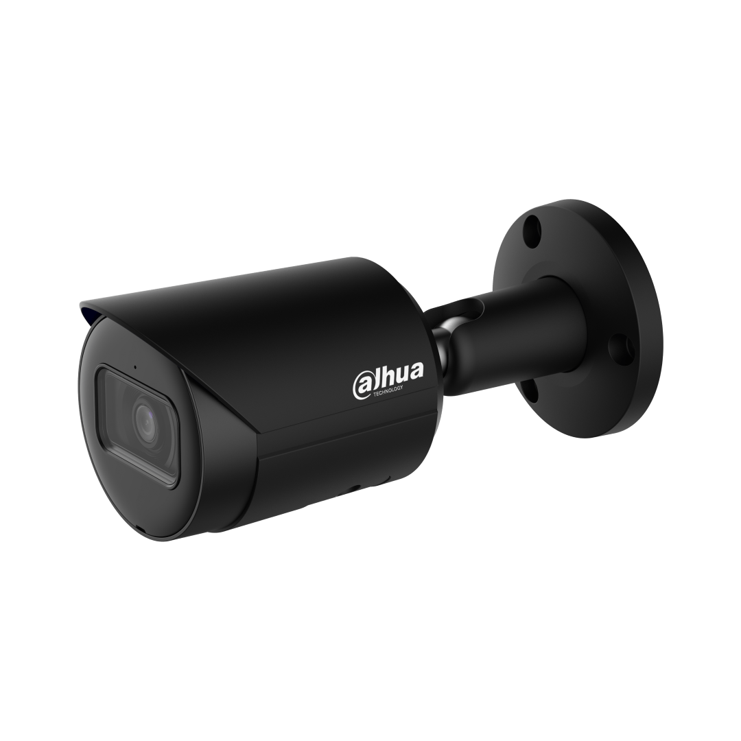 Dahua IPC-HFW2441S-S zwarte bullet beveiligingscamera met 2.8mm lens en verstelbare muurbeugel.