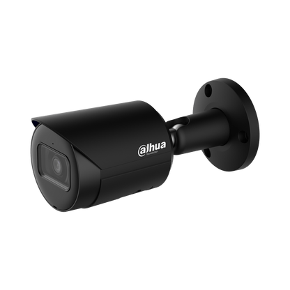 Dahua IPC-HFW2441S-S zwarte bullet beveiligingscamera met 2.8mm lens en verstelbare muurbeugel.