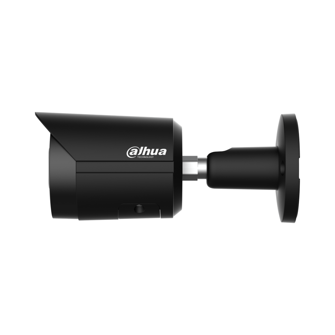 Zwarte Dahua IPC-HFW2441S-S bullet beveiligingscamera met wandmontage en 2.8 mm lens.