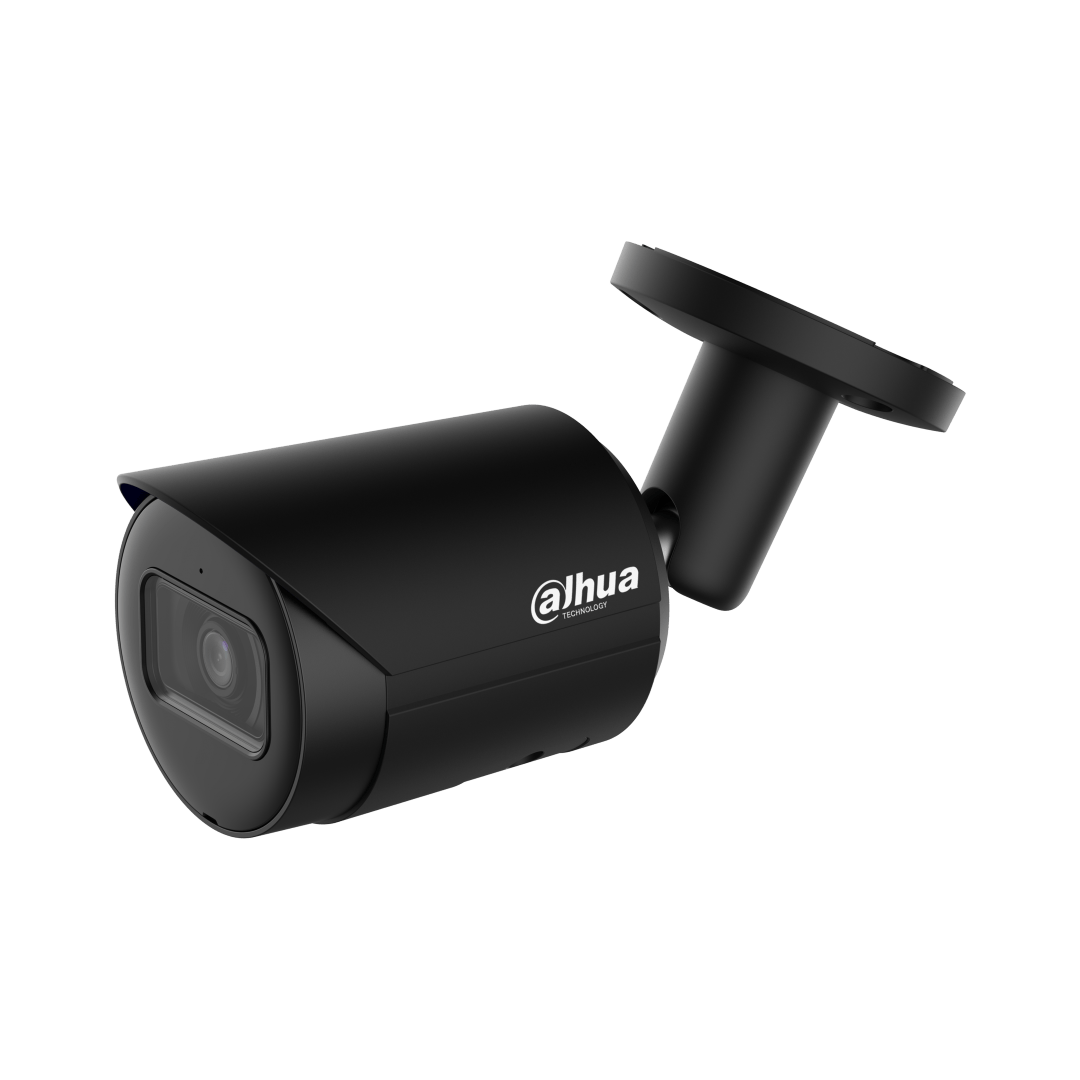 Zwarte Dahua IPC-HFW2441S-S bullet beveiligingscamera met 2.8mm lens en verstelbare muurbeugel.