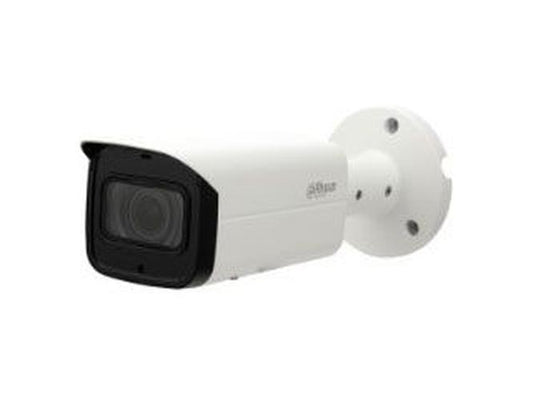 Witte Dahua IPC-HFW3441E-AS bullet beveiligingscamera met zwarte lensbehuizing en ronde muurbeugel.