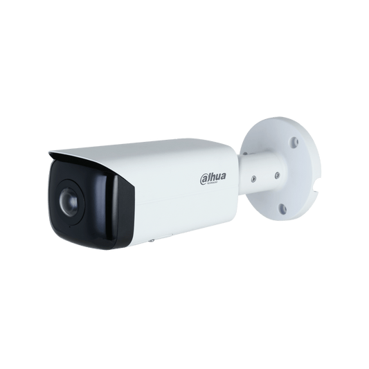 Witte Dahua 4MP WizSense bullet camera met 180° panoramische lens en muurbeugel voor professionele beveiliging.