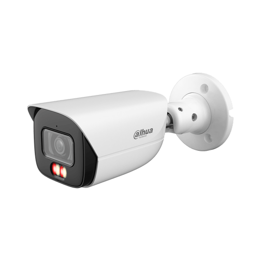 Witte Dahua 4MP WizSense bullet camera met Smart Dual Light, vaste 2.8mm lens en geïntegreerde muurbeugel.