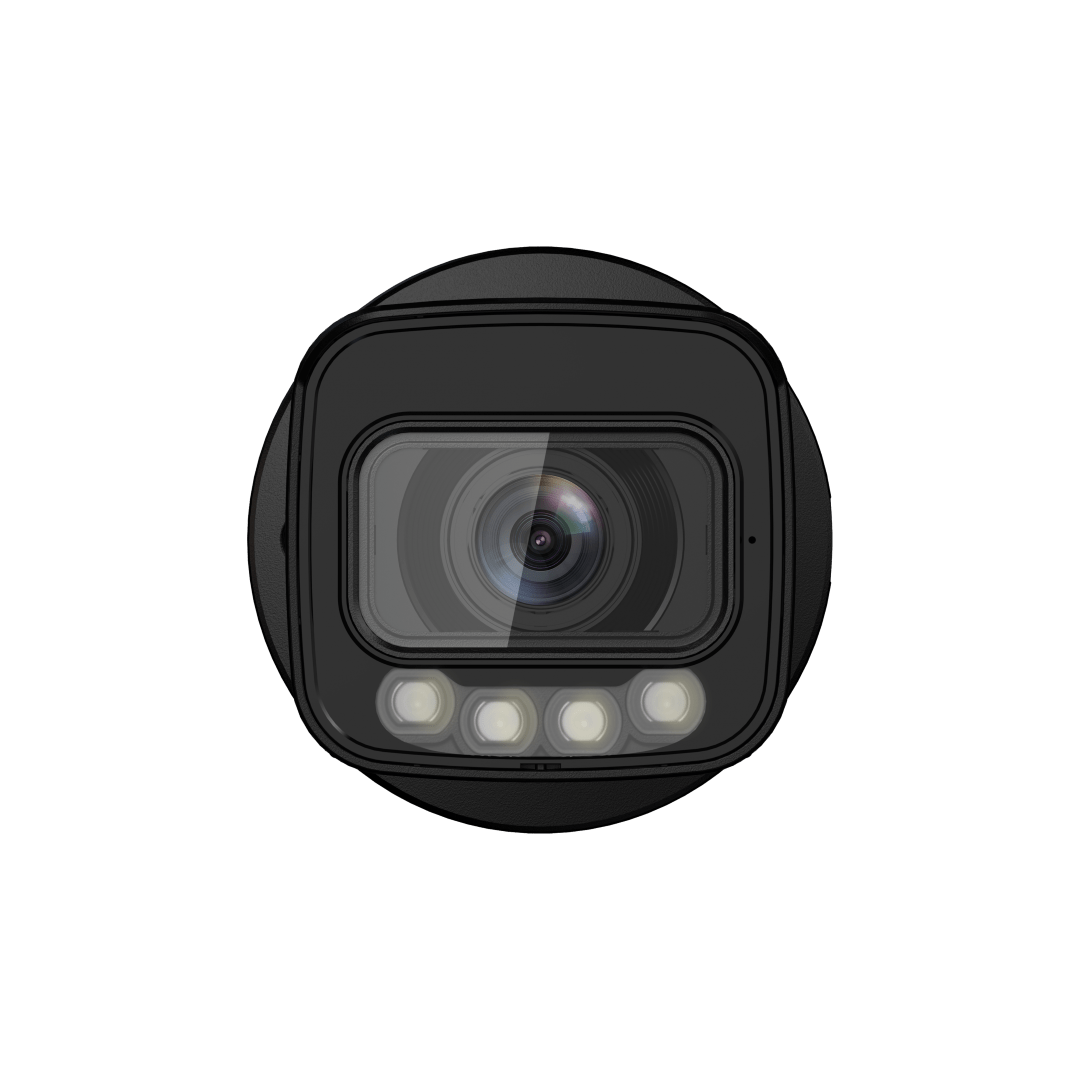 Zwarte Dahua IPC-HFW3449T-ZS-IL beveiligingscamera met 4MP lens en ingebouwde LED-verlichting voor nachtzicht.