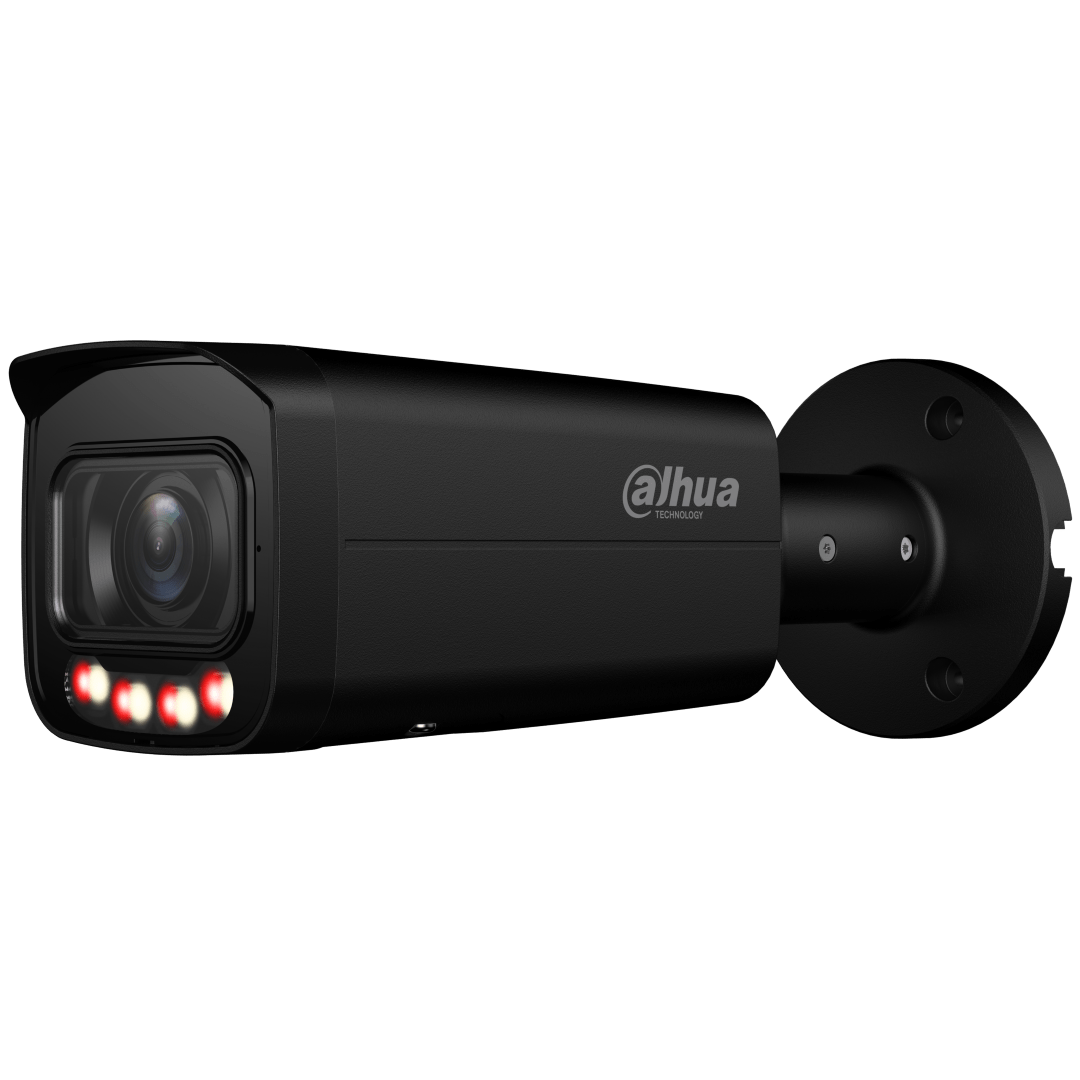 Zwarte Dahua IPC-HFW3449T-ZS-IL bullet beveiligingscamera met 2.7-13.5mm lens en ingebouwde IR- en warmlichtverlichting.