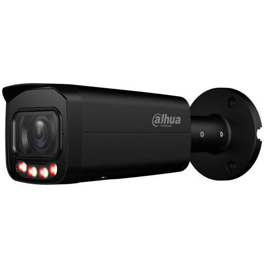 Zwarte Dahua IPC-HFW3449T-ZS-IL bullet beveiligingscamera met 2.7-13.5mm lens en ingebouwde IR- en warmlichtverlichting.
