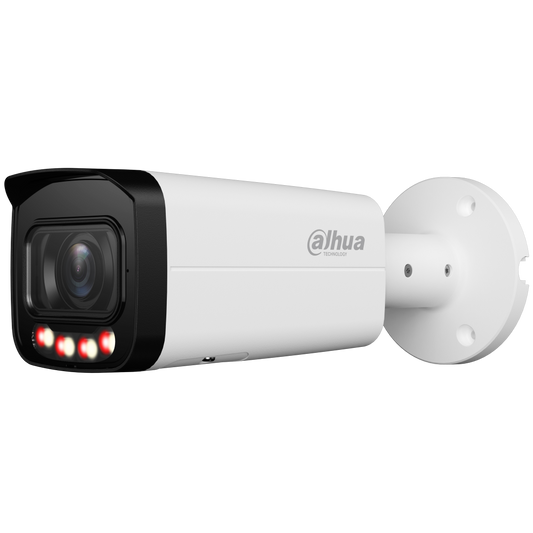 Witte Dahua 4MP WizSense bullet camera met varifocale lens, Smart Dual Light en zwarte frontkap voor buitenmontage.