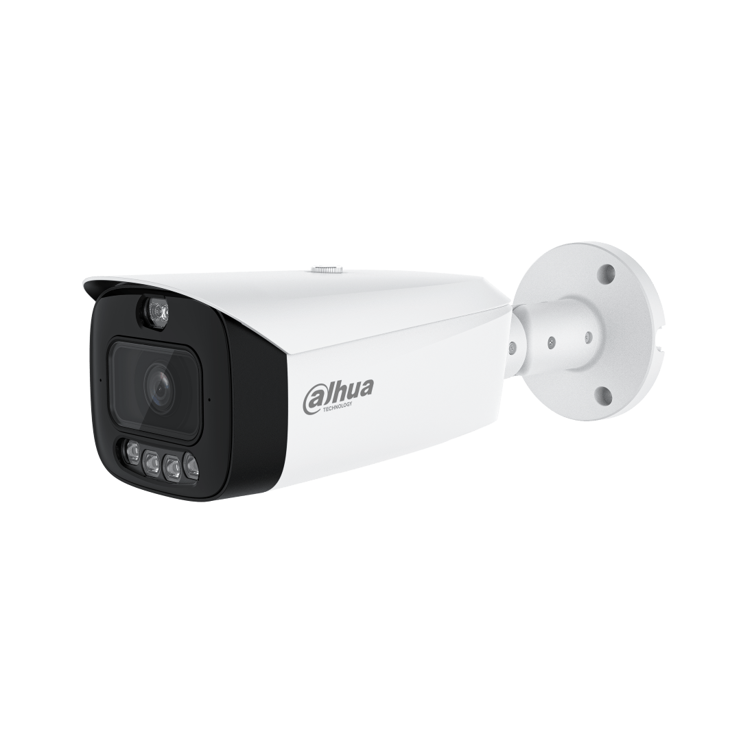 Witte Dahua WizSense bullet-beveiligingscamera met zwarte lensmodule, ingebouwde verlichting en wandmontagebeugel.