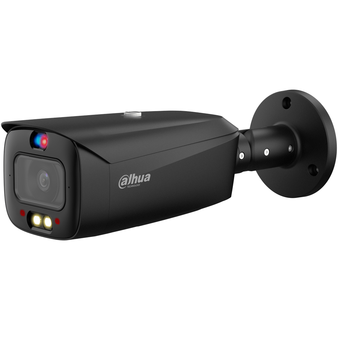 Zwarte Dahua IPC-HFW3449T1-ZAS-PV bullet beveiligingscamera met ingebouwde IR- en warmlichtverlichting voor buiten.