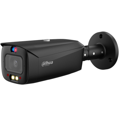 Zwarte Dahua IPC-HFW3449T1-ZAS-PV bullet beveiligingscamera met ingebouwde IR- en warmlichtverlichting voor buiten.