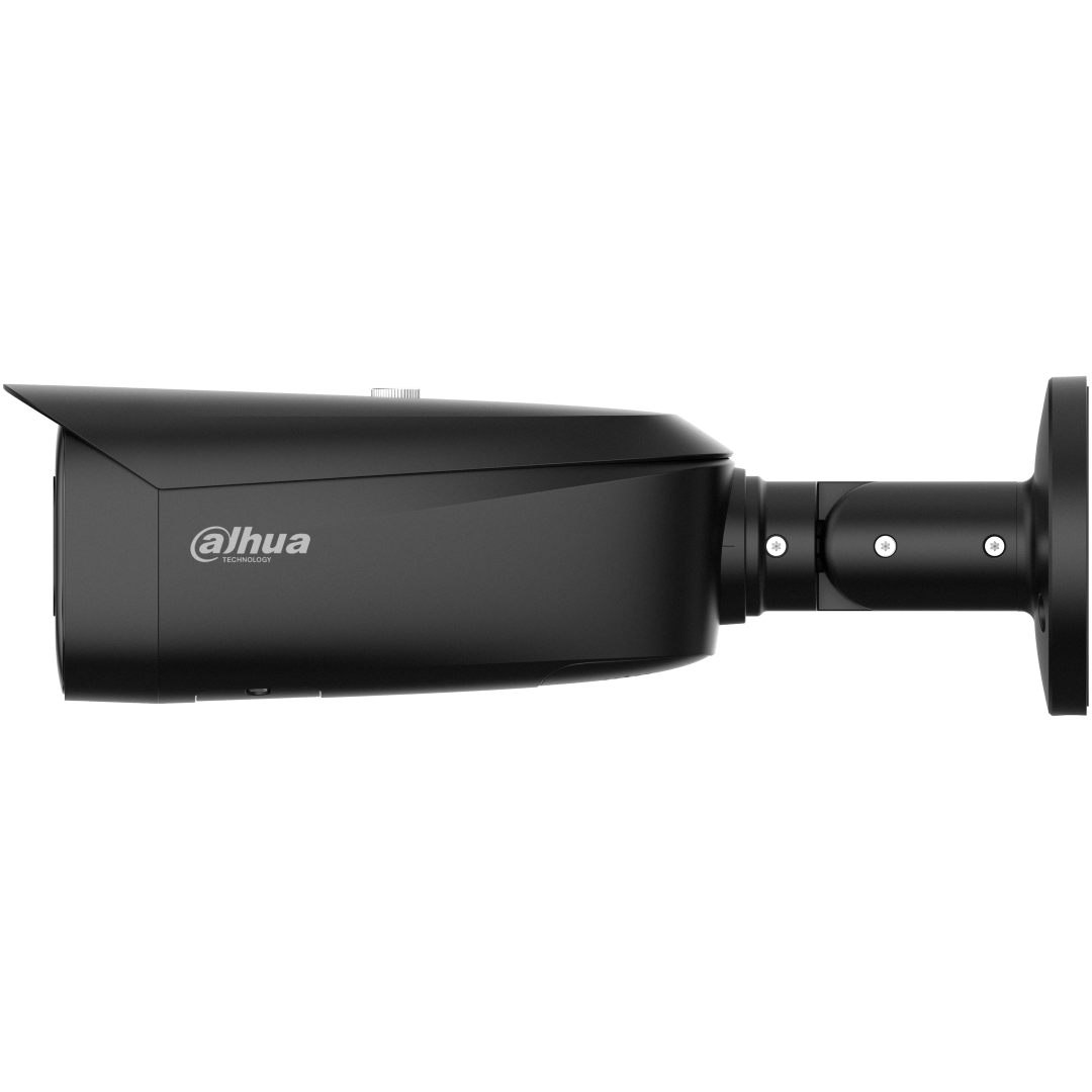 Zwarte Dahua IPC-HFW3449T1-ZAS-PV bullet beveiligingscamera met verstelbare muurbeugel en 4MP lens.