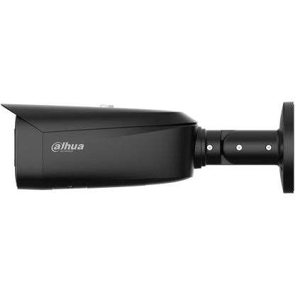 Zwarte Dahua IPC-HFW3449T1-ZAS-PV bullet beveiligingscamera met verstelbare muurbeugel en 4MP lens.