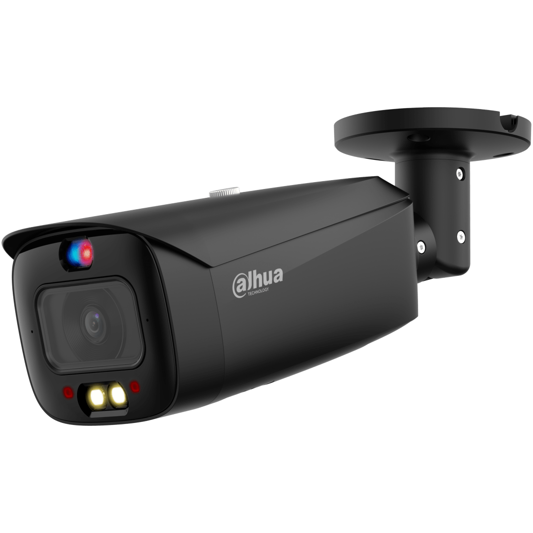 Zwarte Dahua IPC-HFW3449T1-ZAS-PV bullet beveiligingscamera met ingebouwde IR- en warmlicht-LED's voor nachtzicht.
