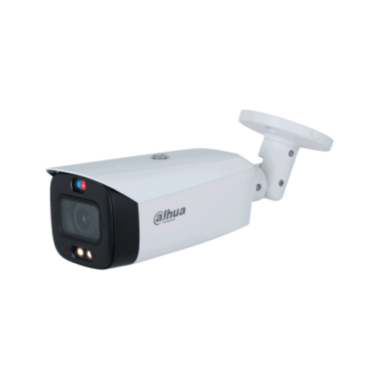 Witte Dahua IPC-HFW3449T1-ZAS-PV bullet-beveiligingscamera met 4MP lens, IR-verlichting en verstelbare muurbeugel.