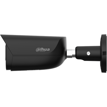 Zwarte Dahua IPC-HFW3841E-AS bullet beveiligingscamera met 8MP lens en verstelbare muurbeugel voor buitenmontage.