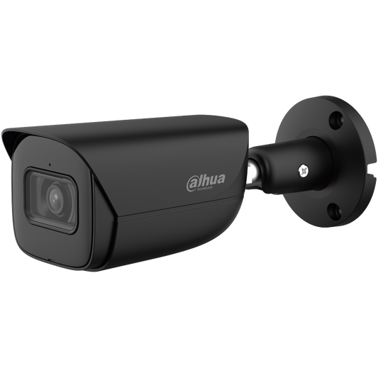Dahua IPC-HFW3841E-AS zwarte 8MP bullet beveiligingscamera met wandmontagebeugel en infrarood lens.