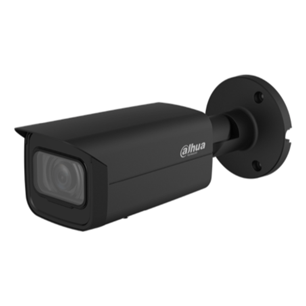 Zwarte Dahua IPC-HFW3841T-ZS-S2 bullet beveiligingscamera met 8MP lens en wandmontagebeugel.