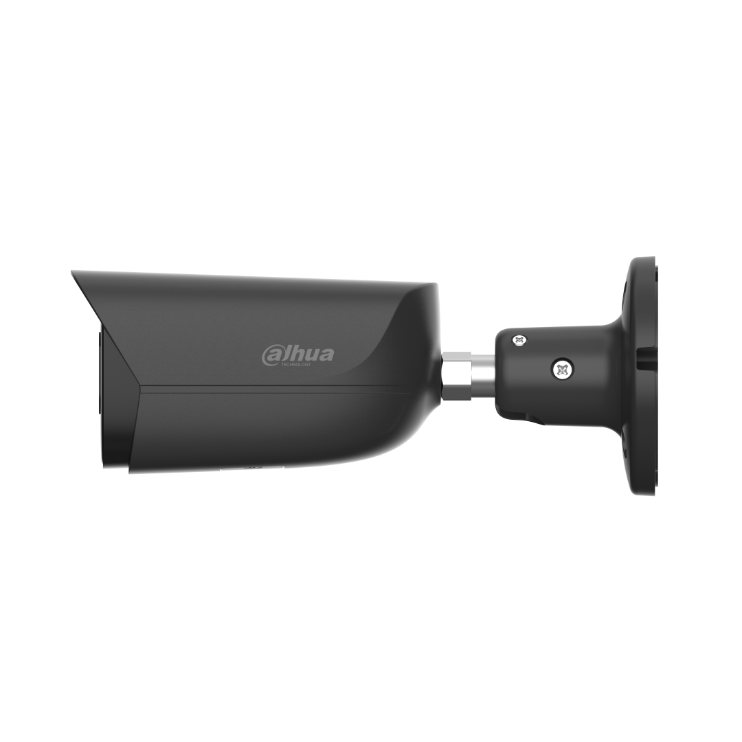 Zwarte Dahua IPC-HFW3849E-AS-IL bullet beveiligingscamera met 2.8mm lens en verstelbare muurbeugel.