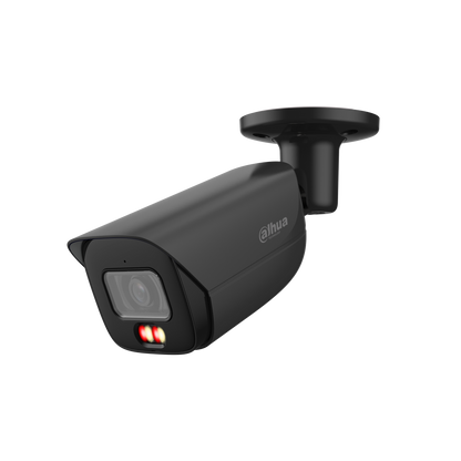 Zwarte Dahua IPC-HFW3849E-AS-IL 8MP bullet-beveiligingscamera met 2.8mm lens en ingebouwde IR- en warmlichtverlichting.