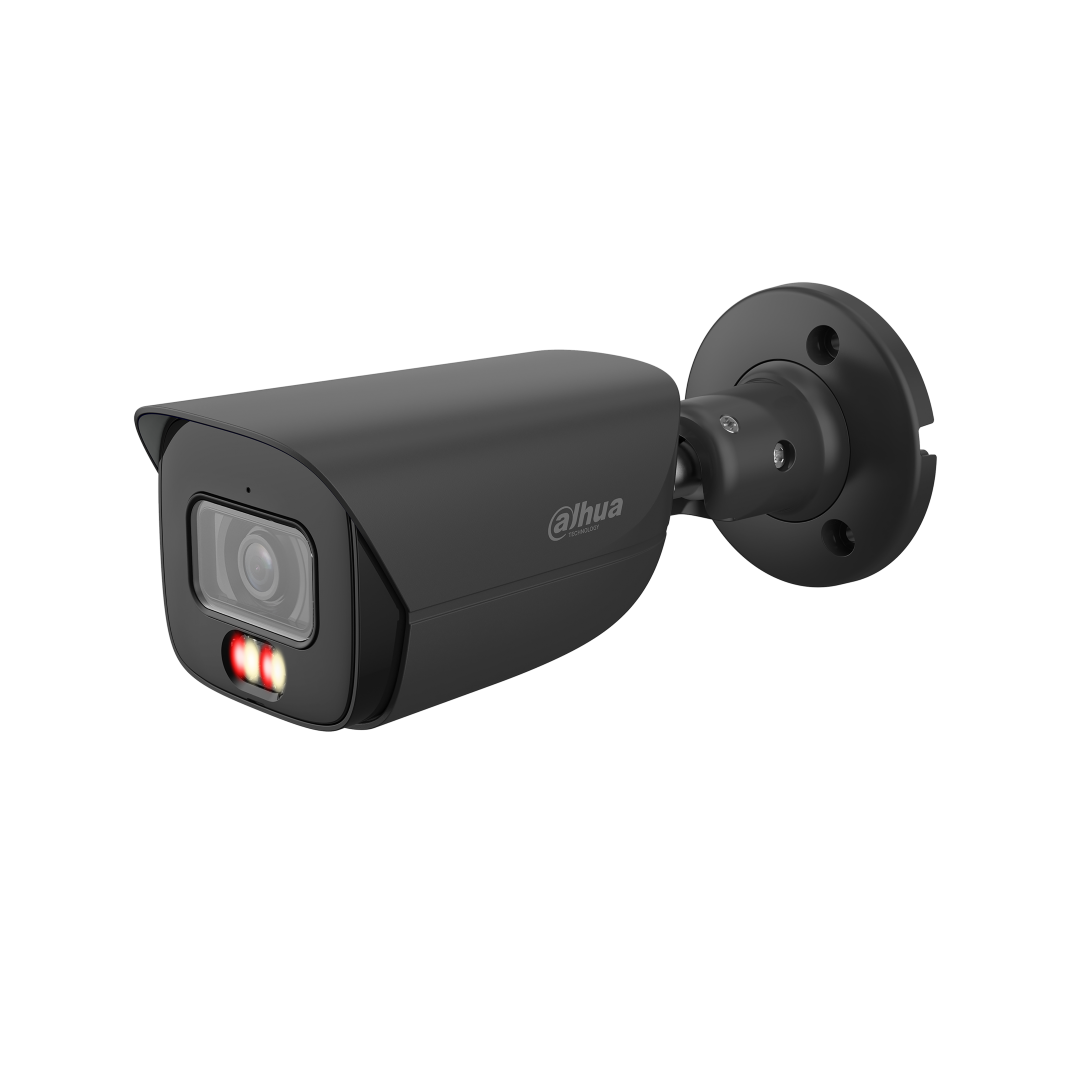 Zwarte Dahua 8MP bullet-beveiligingscamera met 2.8mm lens, IR-verlichting en verstelbare muurbeugel.