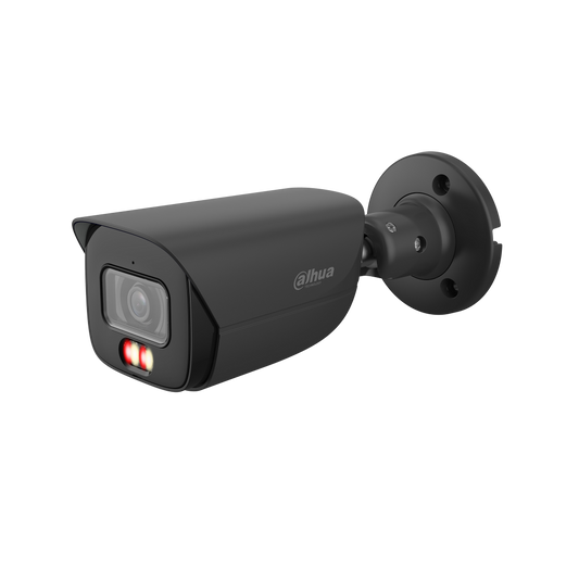 Zwarte Dahua 8MP bullet-beveiligingscamera met 2.8mm lens, IR-verlichting en verstelbare muurbeugel.