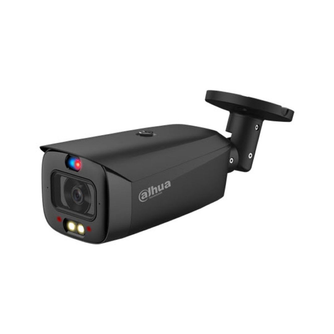 Zwarte Dahua IPC-HFW3849T1-AS-PV 8MP bullet camera met ingebouwde LED-verlichting en verstelbare muurbeugel.