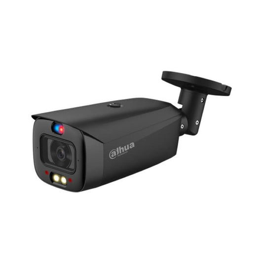 Zwarte Dahua IPC-HFW3849T1-AS-PV 8MP bullet camera met ingebouwde LED-verlichting en verstelbare muurbeugel.