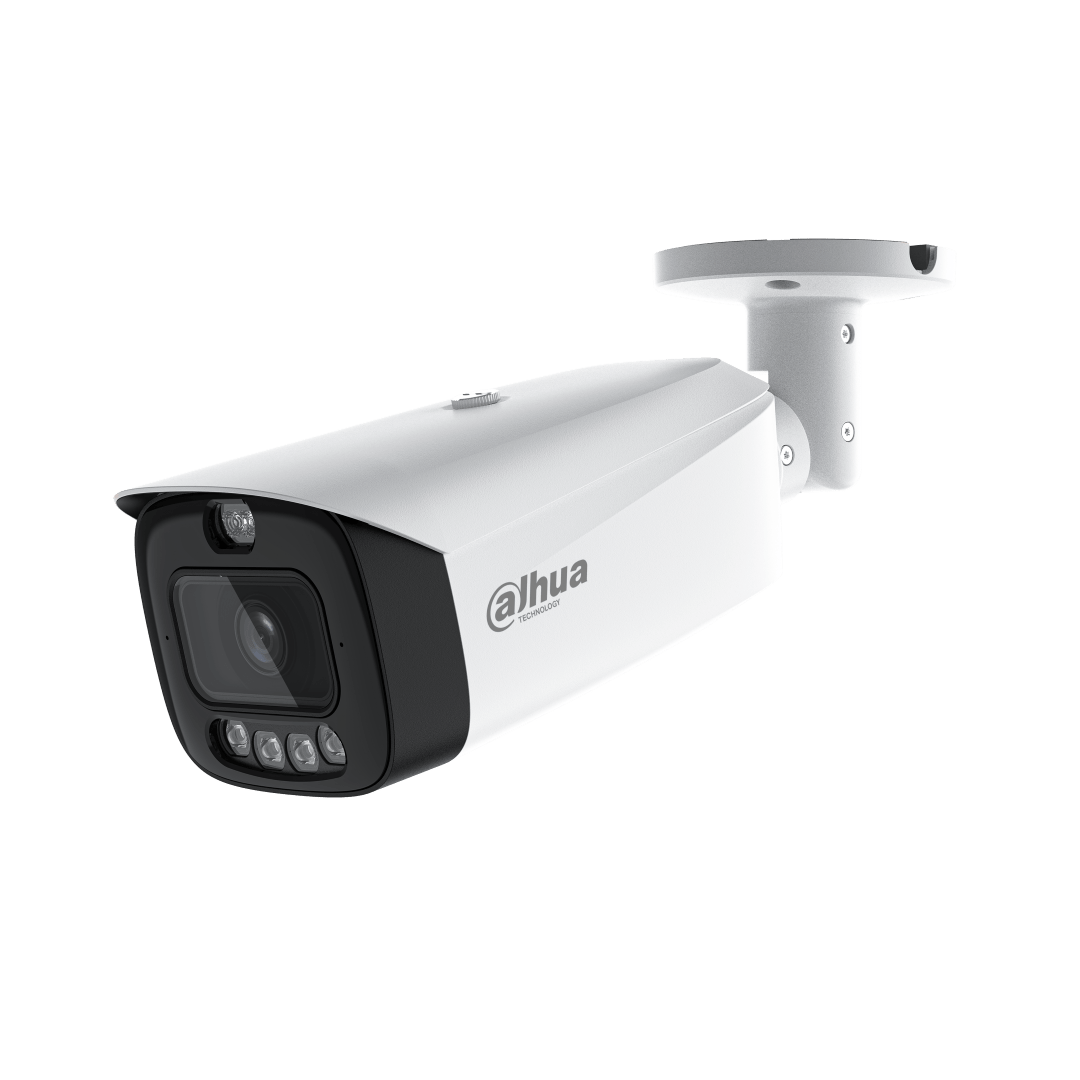Witte Dahua 8MP bullet beveiligingscamera met zwarte lensbehuizing, geïntegreerde verlichting en verstelbare muurbeugel.