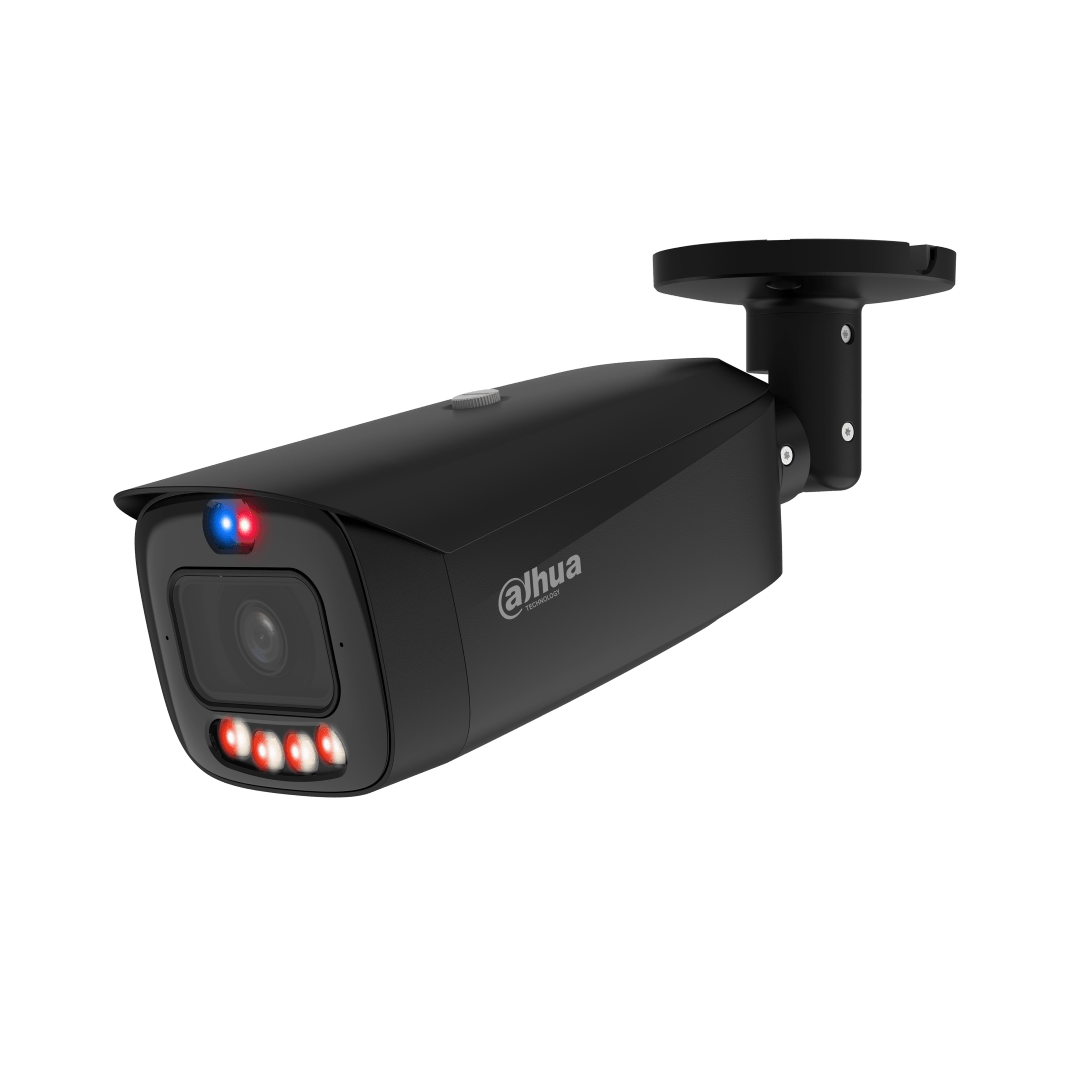Zwarte Dahua 8MP bullet beveiligingscamera met ingebouwde IR-verlichting en rood-blauwe waarschuwingslichten.