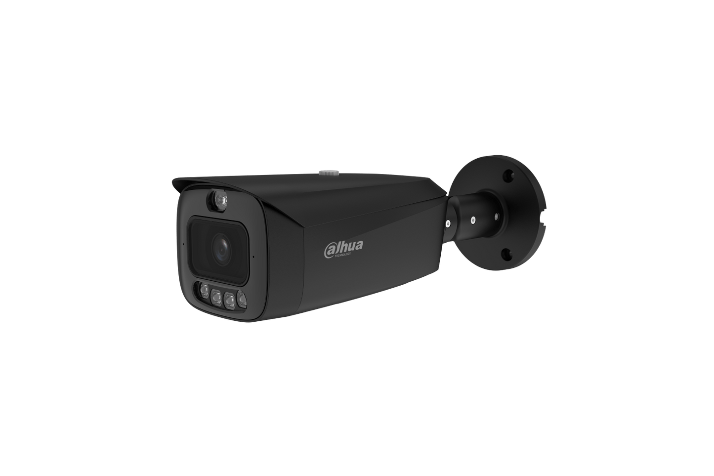 Zwarte Dahua IPC-HFW3849T1-AS-PV-PRO 8MP bullet beveiligingscamera met geïntegreerde IR- en warme verlichting.