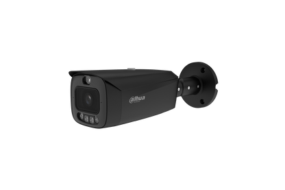 Zwarte Dahua IPC-HFW3849T1-AS-PV-PRO 8MP bullet beveiligingscamera met geïntegreerde IR- en warme verlichting.