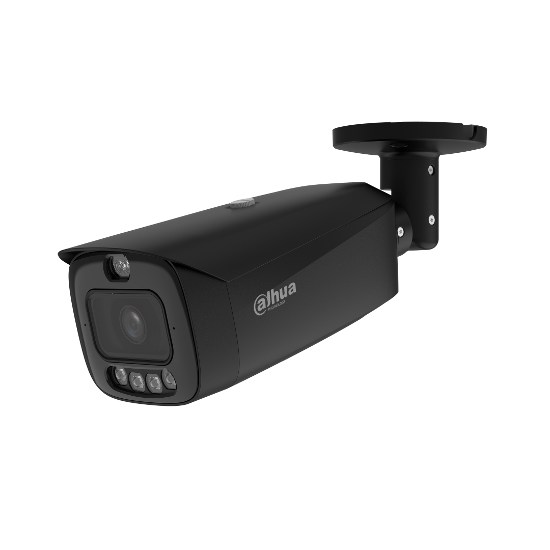 Zwarte Dahua 8MP bullet beveiligingscamera met 2.8mm lens, geïntegreerde IR-verlichting en muurbevestiging.