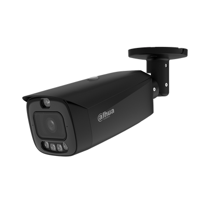Zwarte Dahua 8MP bullet beveiligingscamera met 2.8mm lens, geïntegreerde IR-verlichting en muurbevestiging.
