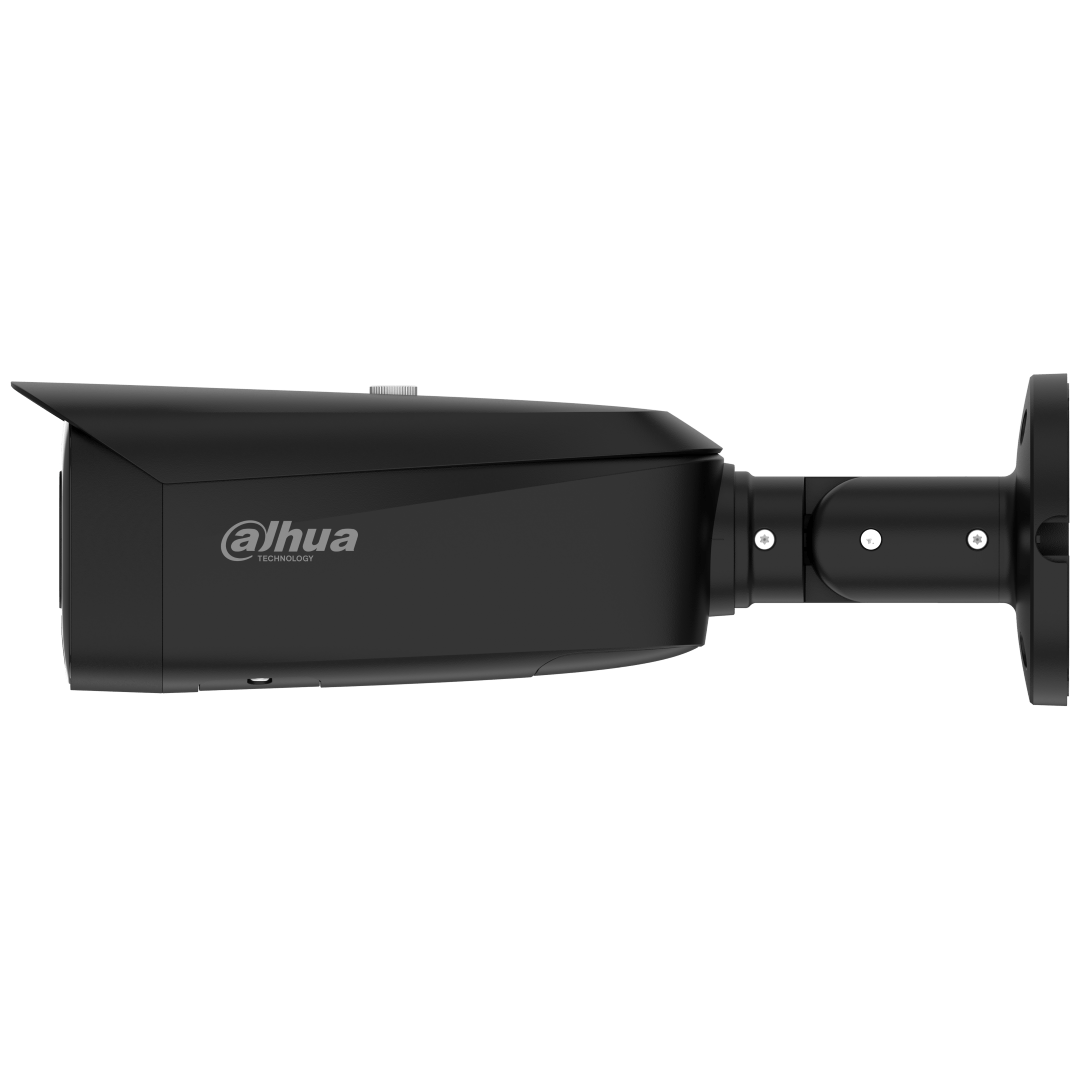 Zwarte Dahua 8MP bullet beveiligingscamera met 2.8mm lens, geïntegreerde IR-verlichting en verstelbare muurbeugel.