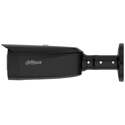 Zwarte Dahua 8MP bullet beveiligingscamera met 2.8mm lens, geïntegreerde IR-verlichting en verstelbare muurbeugel.