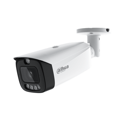 Witte Dahua WizSense bullet-beveiligingscamera met zwarte lensbehuizing, ingebouwde verlichting en verstelbare muurbeugel.