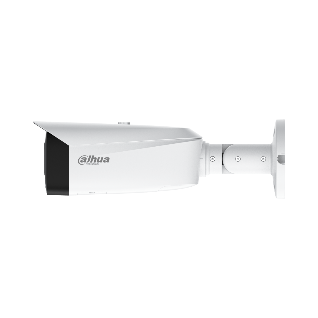 Witte Dahua WizSense bullet-beveiligingscamera met 8MP lens, zonnekap en verstelbare muurbeugel voor buiten.