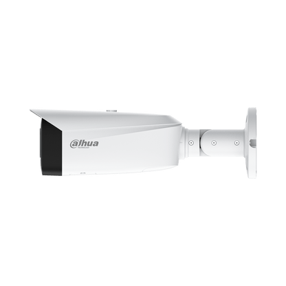 Witte Dahua WizSense bullet-beveiligingscamera met 8MP lens, zonnekap en verstelbare muurbeugel voor buiten.