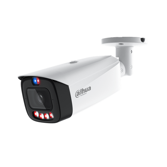 Witte Dahua bullet-beveiligingscamera met 8MP lens, rode en blauwe waarschuwingslichten en geïntegreerde muurbeugel.