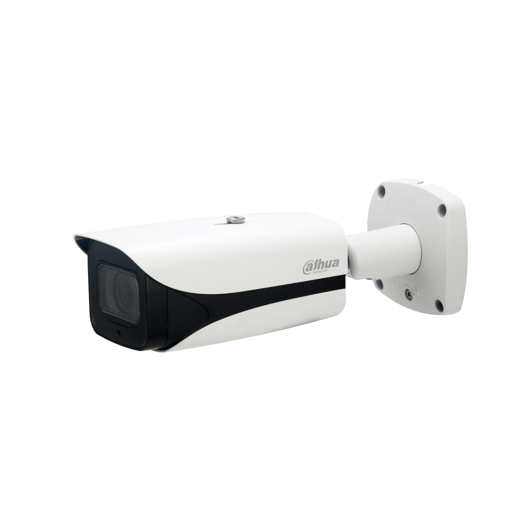 Witte Dahua IPC-HFW5241E-ZE bullet beveiligingscamera met gemotoriseerde lens en wandmontagebeugel.