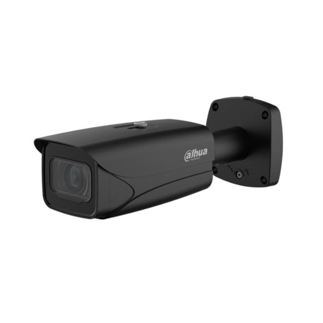 Zwarte Dahua IPC-HFW5442E-ZE bullet beveiligingscamera met 4MP lens en wandmontagebeugel voor buiten.