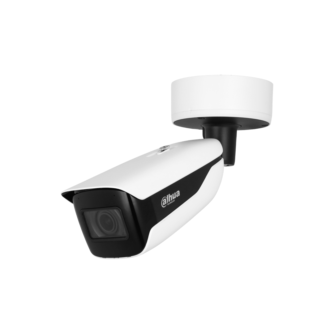 Witte Dahua WizMind bullet-beveiligingscamera met zwarte accenten, verstelbare beugel en robuuste metalen behuizing.