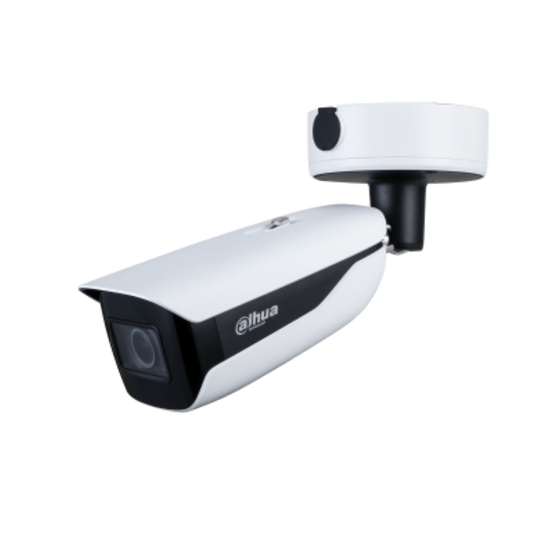 Witte Dahua WizMind 4MP bullet-beveiligingscamera met zwarte accenten en verstelbare muurbeugel.