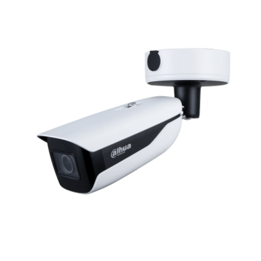 Witte Dahua WizMind 4MP bullet-beveiligingscamera met zwarte accenten en verstelbare muurbeugel.