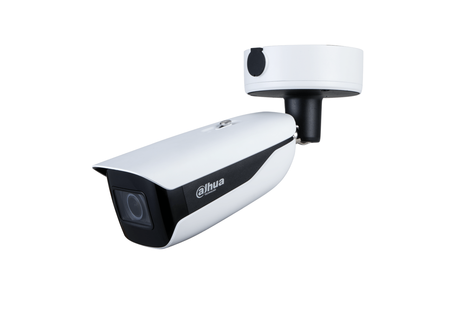 Witte Dahua WizMind bullet-beveiligingscamera met zwarte accenten en montagebeugel op een witte achtergrond.