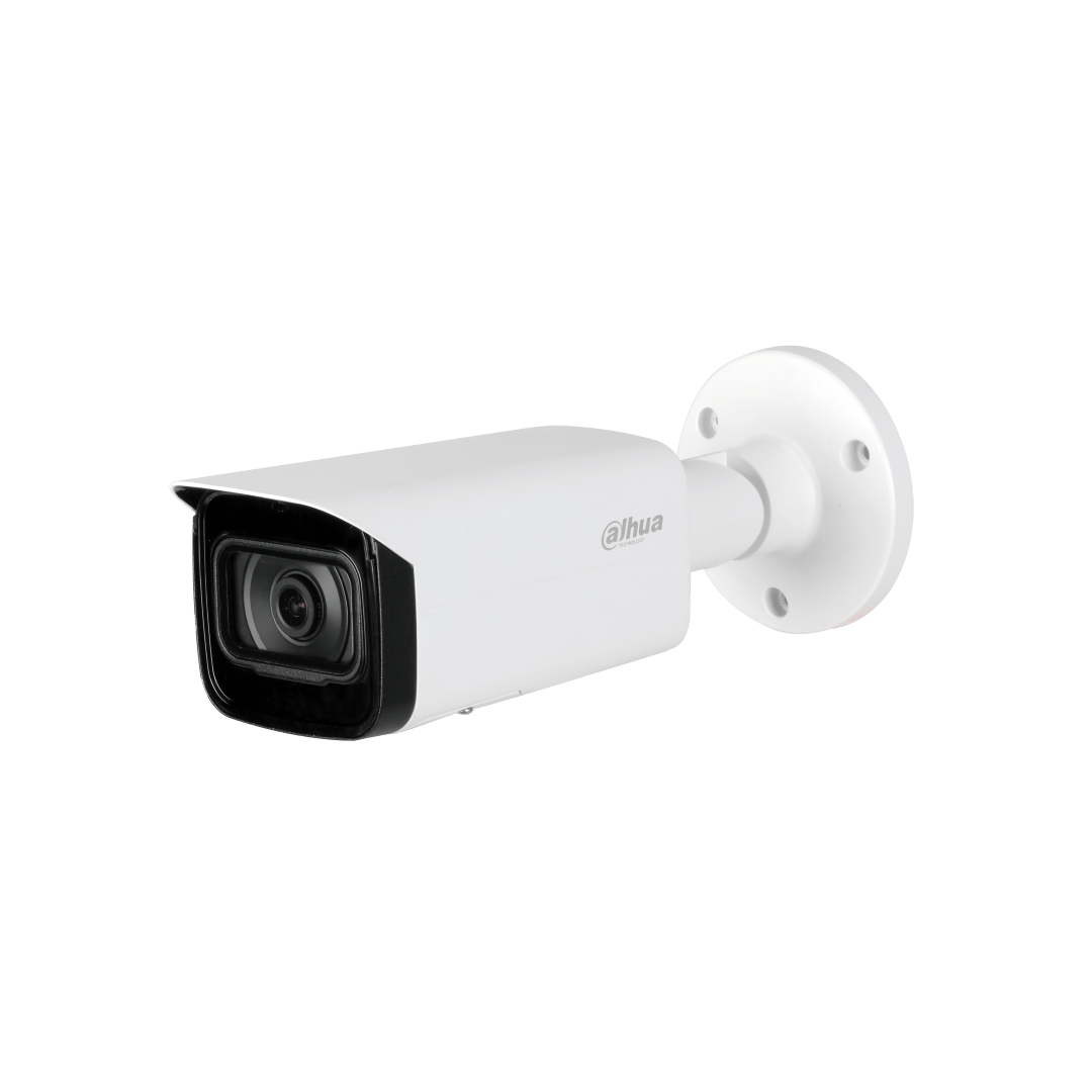 Witte Dahua IPC-HFW5442T-ASE bullet beveiligingscamera met zwarte lens en ronde muurbevestiging voor buiten.
