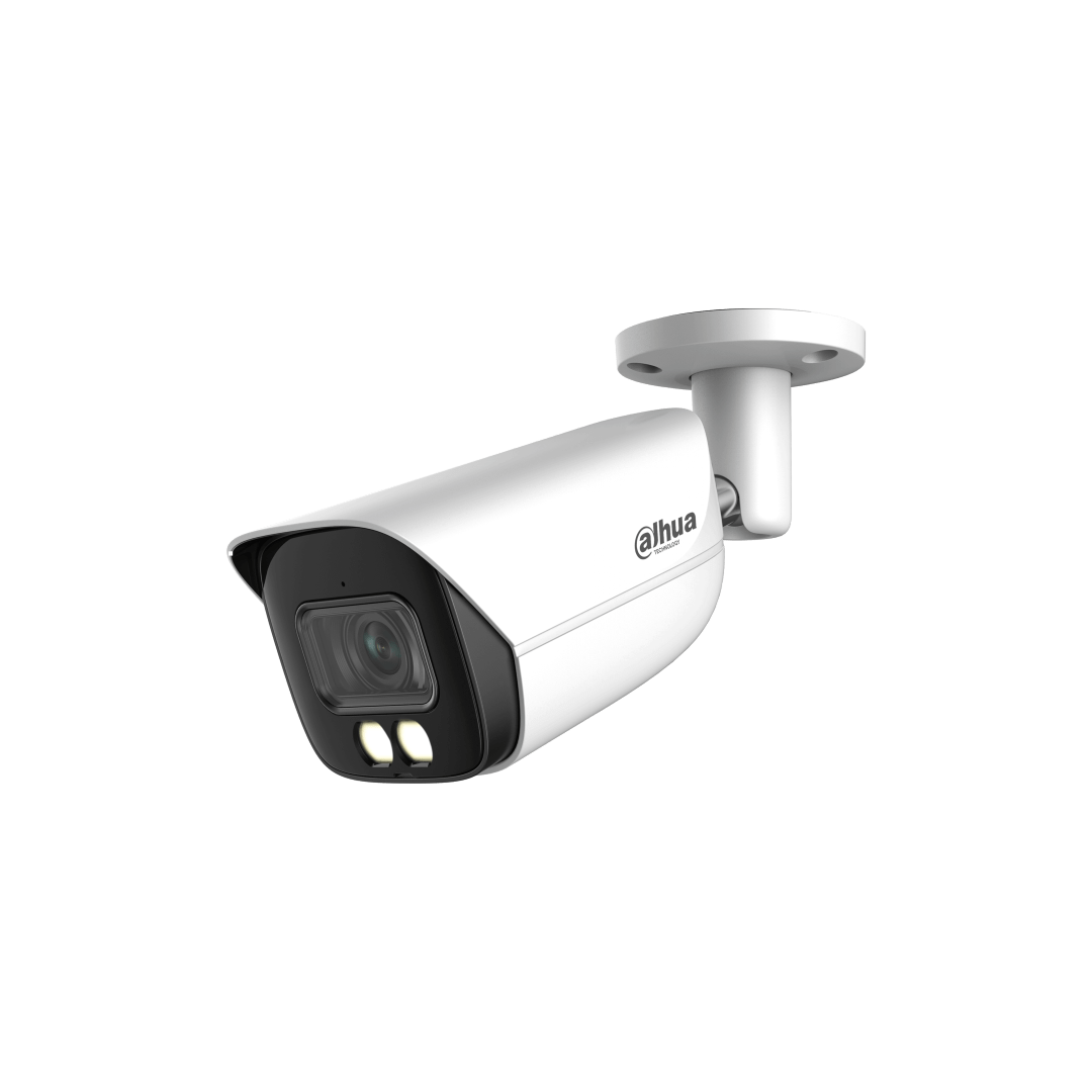 Witte Dahua WizMind bullet-beveiligingscamera met LED-verlichting en verstelbare muurbeugel op een witte achtergrond.