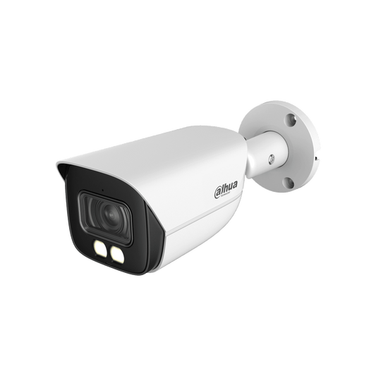 Witte Dahua WizMind bullet-beveiligingscamera met 2.8mm lens, ingebouwde LED-verlichting en verstelbare muurbeugel.