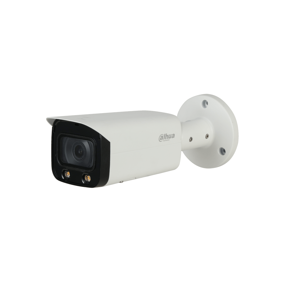 Witte Dahua IPC-HFW5449T-ASE-LED bullet camera met zwarte lensbehuizing en geïntegreerde LED-verlichting voor buiten.